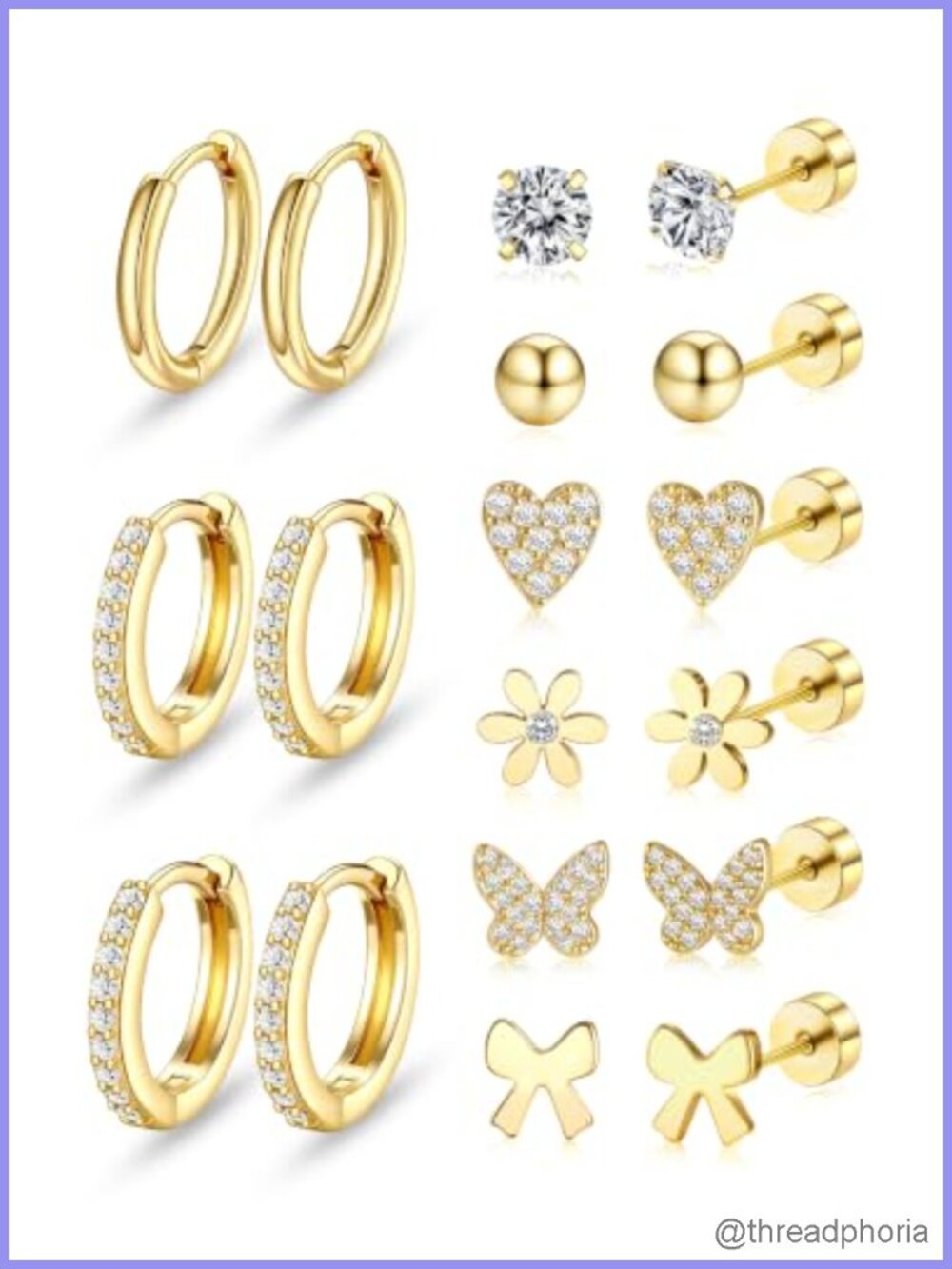 Flat Back Stud Earrings 14K Gold Plated Hypoallergenic 20G Set